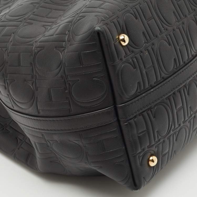Pre Owned CH Carolina Herrera Black Monogram Embossed Leather Matryoshka Tote