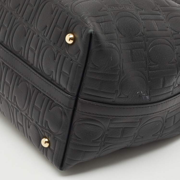 Pre Owned CH Carolina Herrera Black Monogram Embossed Leather Matryoshka Tote