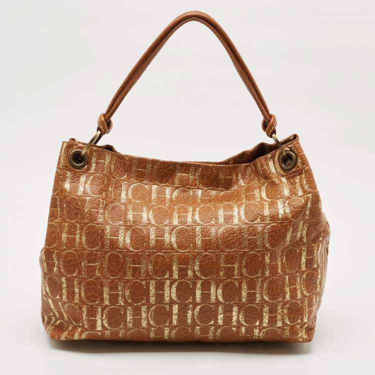 Pre Owned CH Carolina Herrera Brown/Gold Monogram Leather Hobo