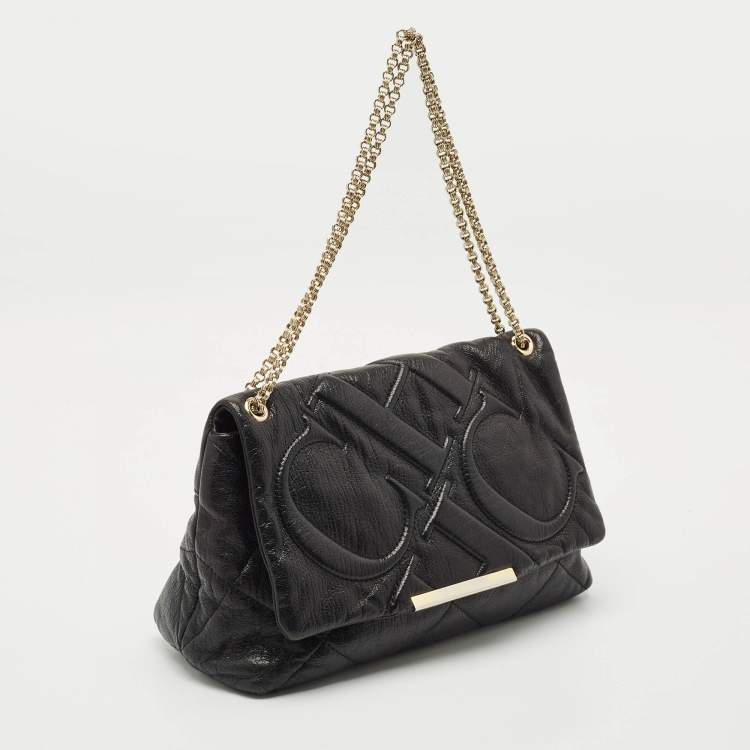 Pre Owned CH Carolina Herrera Black Quilted Leather Flap Chain Shoulder Bag