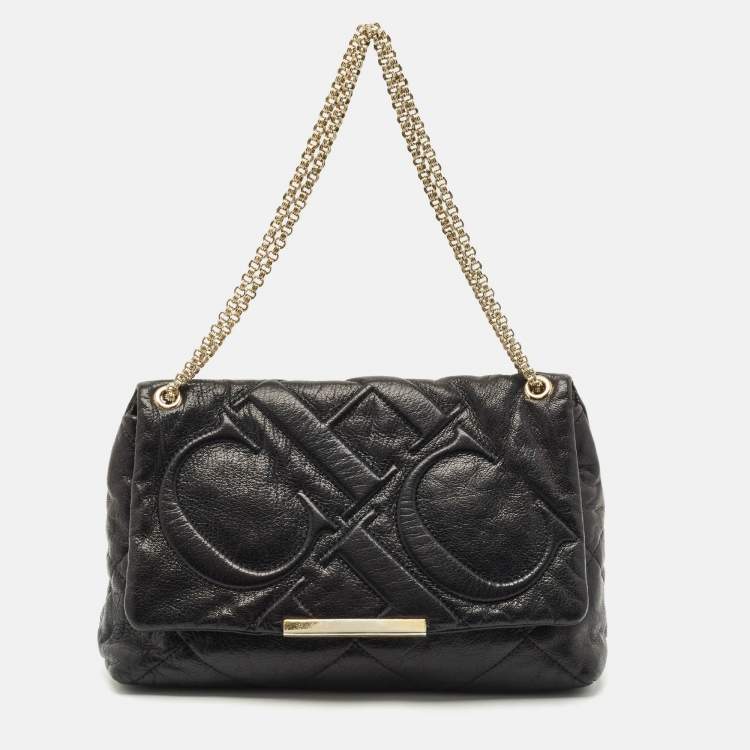 Pre Owned CH Carolina Herrera Black Quilted Leather Flap Chain Shoulder Bag