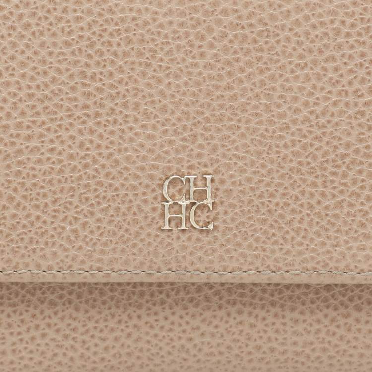 Pre Owned CH Carolina Herrera Beige Leather Trifold Wallet