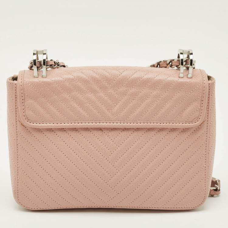 Pre Owned CH Carolina Herrera Pink Chevron Leather Flap Shoulder Bag