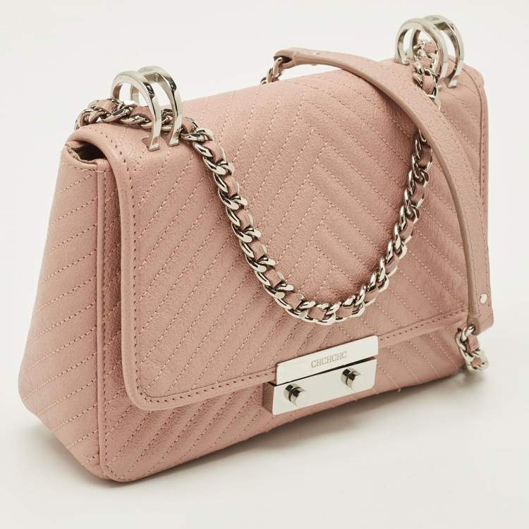 Pre Owned CH Carolina Herrera Pink Chevron Leather Flap Shoulder Bag