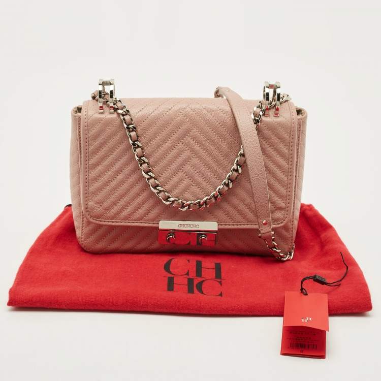 Pre Owned CH Carolina Herrera Pink Chevron Leather Flap Shoulder Bag