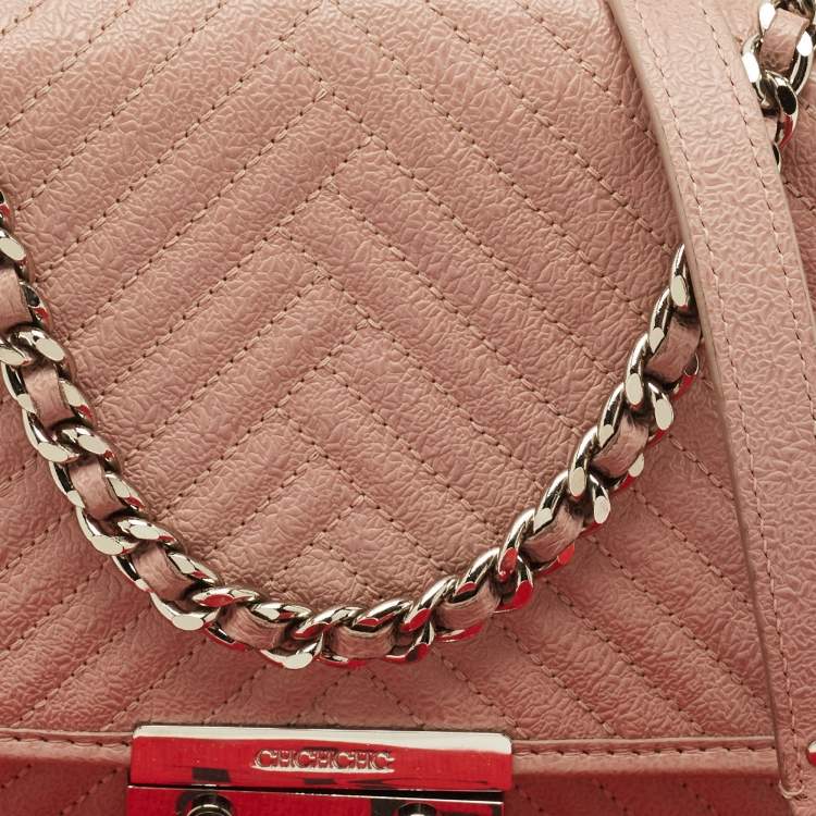 Pre Owned CH Carolina Herrera Pink Chevron Leather Flap Shoulder Bag