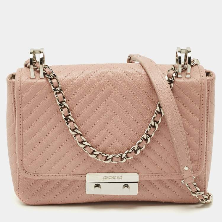 Pre Owned CH Carolina Herrera Pink Chevron Leather Flap Shoulder Bag