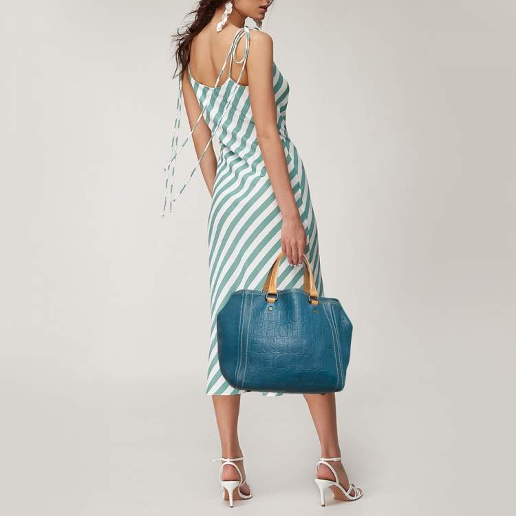 Pre Owned CH Carolina Herrera Blue/Beige Monogram Embossed Leather Andy Tote