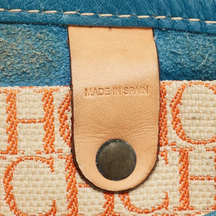 Pre Owned CH Carolina Herrera Blue/Beige Monogram Embossed Leather Andy Tote