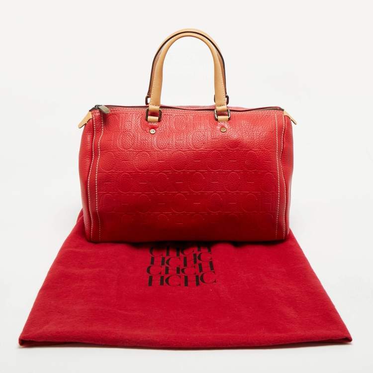 Pre Owned CH Carolina Herrera Red Monogram Embossed Leather Large Andy Boston Bag
