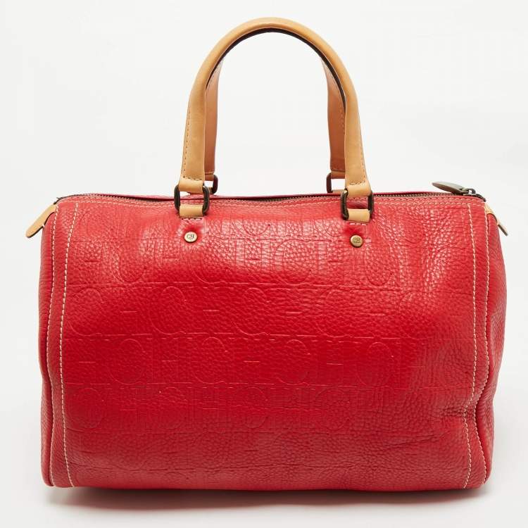 Pre Owned CH Carolina Herrera Red Monogram Embossed Leather Large Andy Boston Bag