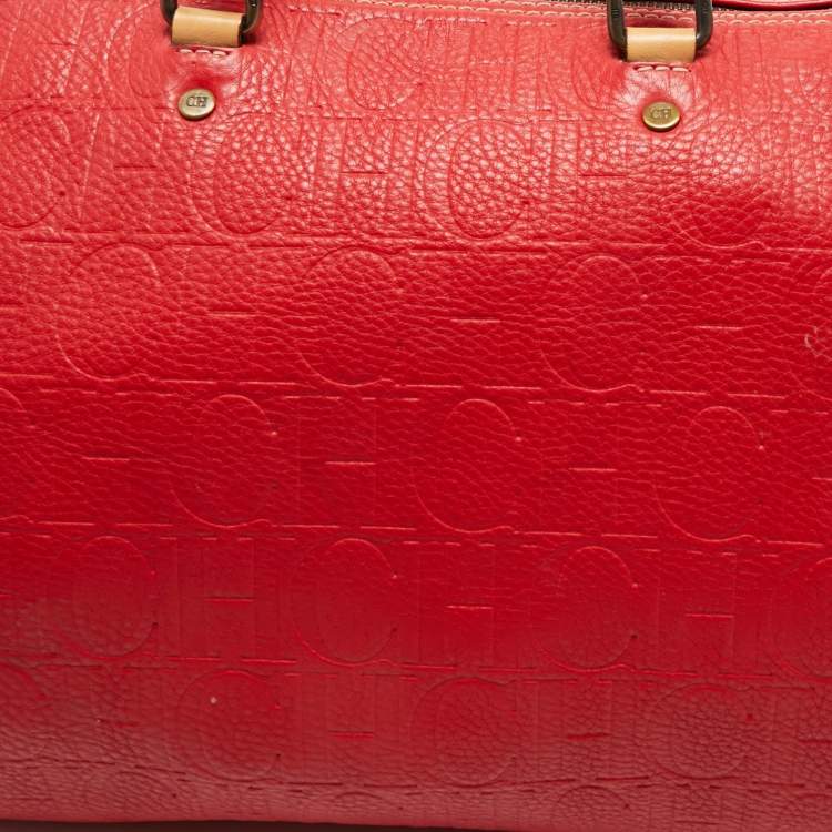 Pre Owned CH Carolina Herrera Red Monogram Embossed Leather Large Andy Boston Bag