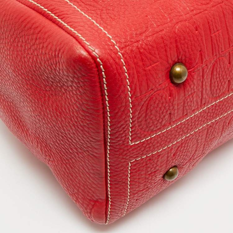 Pre Owned CH Carolina Herrera Red Monogram Embossed Leather Large Andy Boston Bag