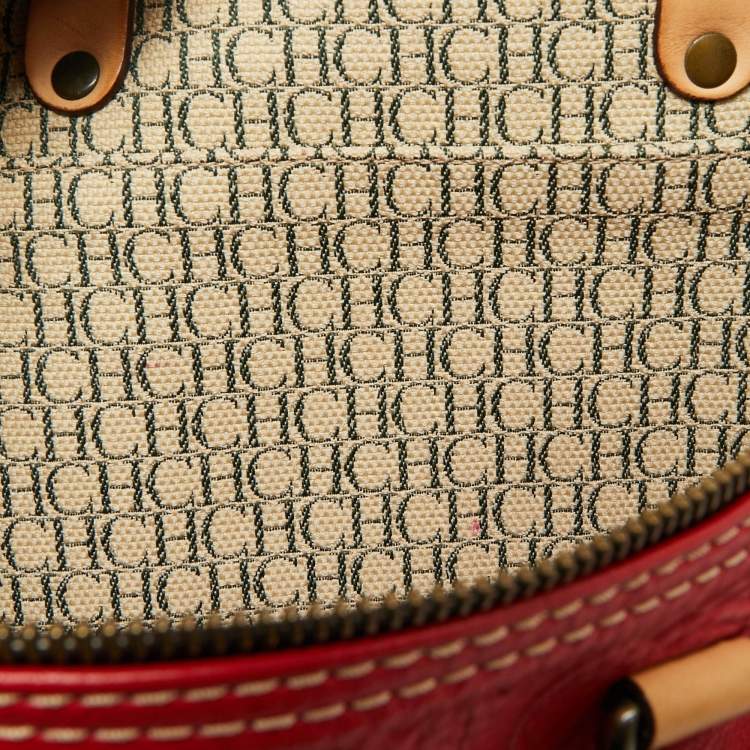 Pre Owned CH Carolina Herrera Red Monogram Embossed Leather Large Andy Boston Bag