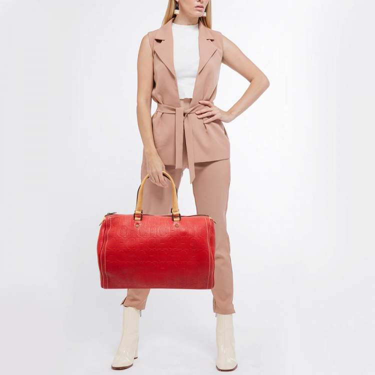 Pre Owned CH Carolina Herrera Red Monogram Embossed Leather Large Andy Boston Bag