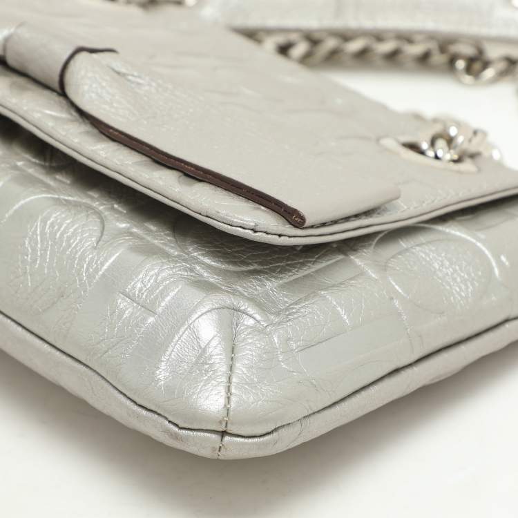 Pre Owned CH Carolina Herrera Silver Monogram Embossed Leather Audrey Shoulder Bag