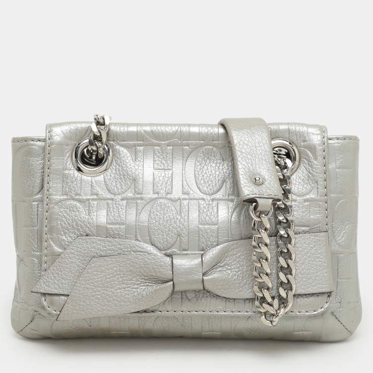 Pre Owned CH Carolina Herrera Silver Monogram Embossed Leather Audrey Shoulder Bag