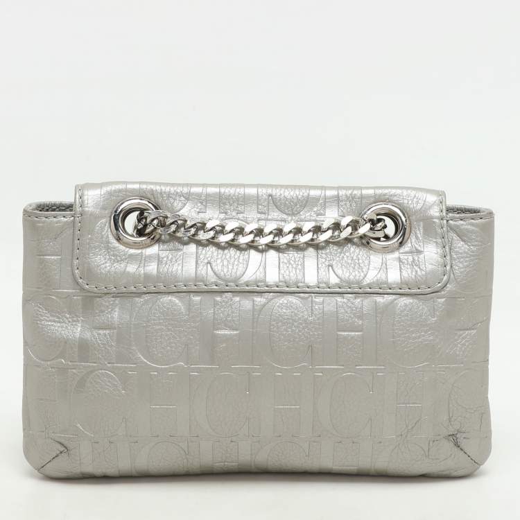 Pre Owned CH Carolina Herrera Silver Monogram Embossed Leather Audrey Shoulder Bag