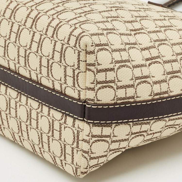 Pre Owned CH Carolina Herrera Beige/Dark Brown Monogram Canvas Small Shopper Tote
