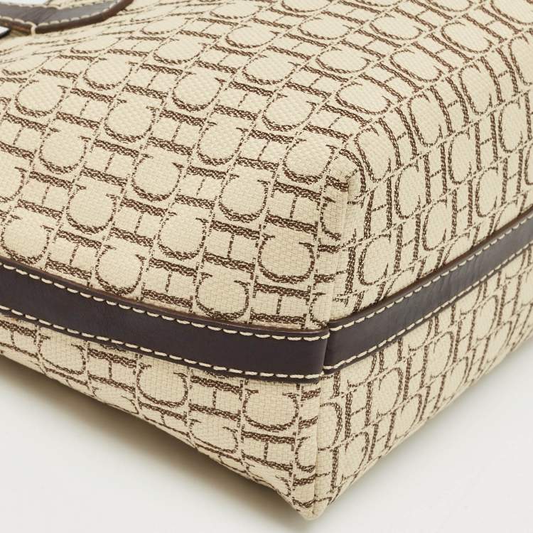 Pre Owned CH Carolina Herrera Beige/Dark Brown Monogram Canvas Small Shopper Tote