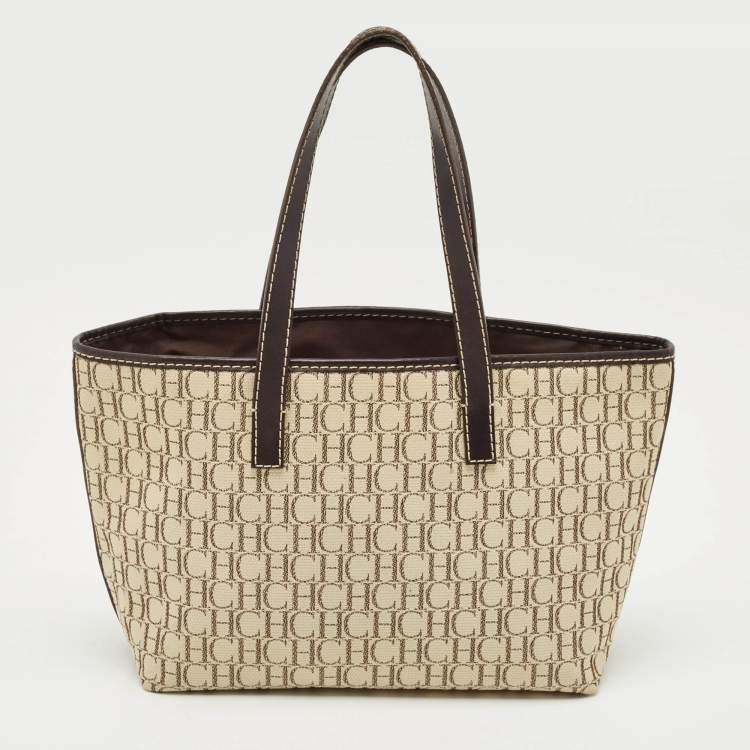Pre Owned CH Carolina Herrera Beige/Dark Brown Monogram Canvas Small Shopper Tote