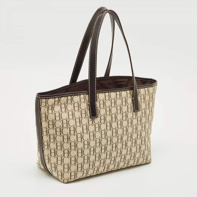 Pre Owned CH Carolina Herrera Beige/Dark Brown Monogram Canvas Small Shopper Tote