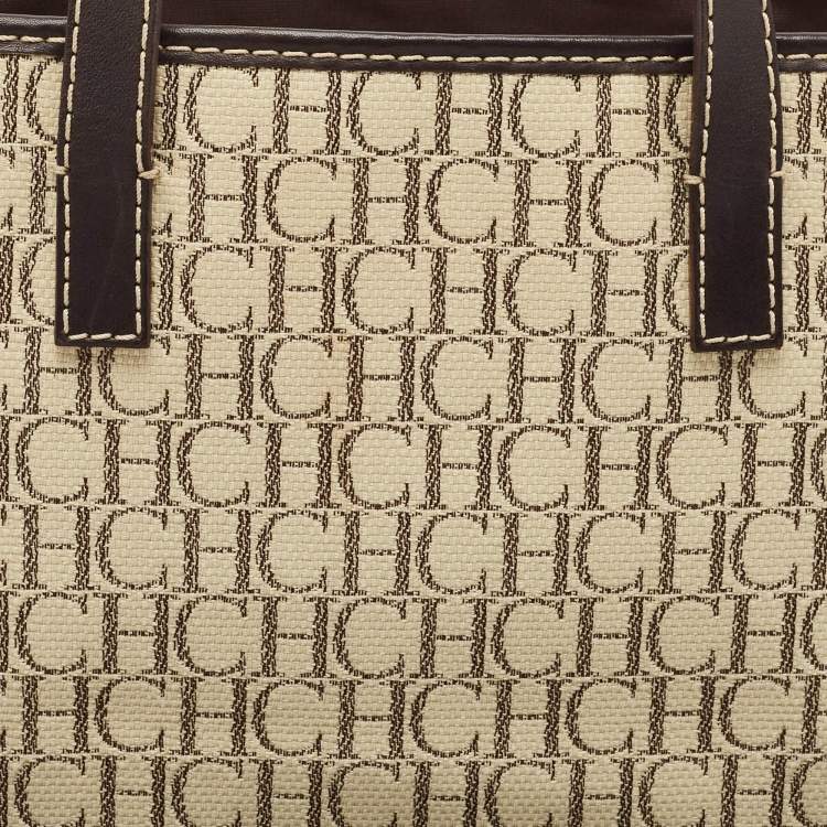 Pre Owned CH Carolina Herrera Beige/Dark Brown Monogram Canvas Small Shopper Tote