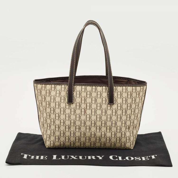 Pre Owned CH Carolina Herrera Beige/Dark Brown Monogram Canvas Small Shopper Tote