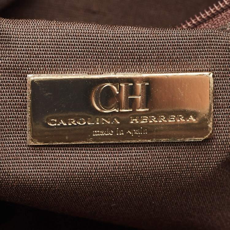 Pre Owned CH Carolina Herrera Beige/Dark Brown Monogram Canvas Small Shopper Tote