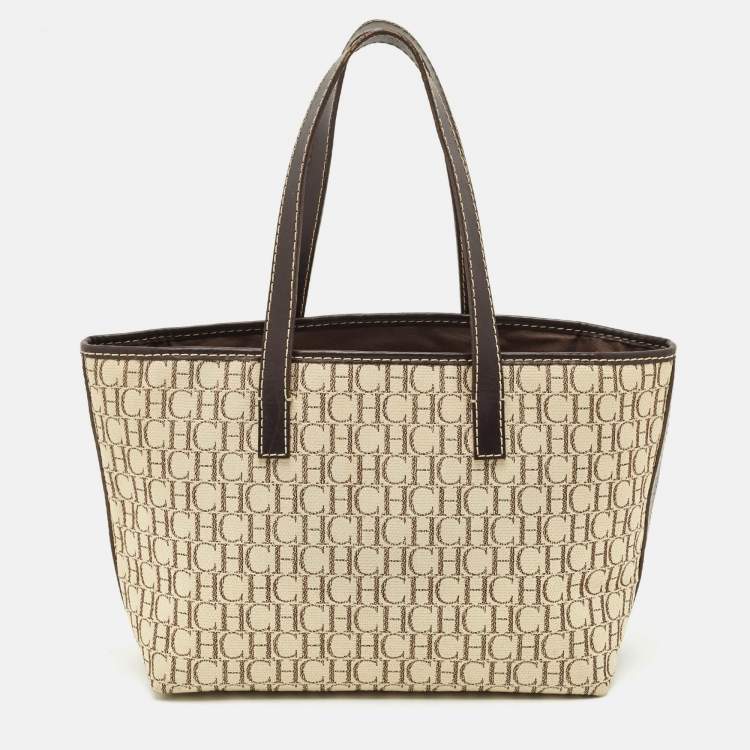 Pre Owned CH Carolina Herrera Beige/Dark Brown Monogram Canvas Small Shopper Tote