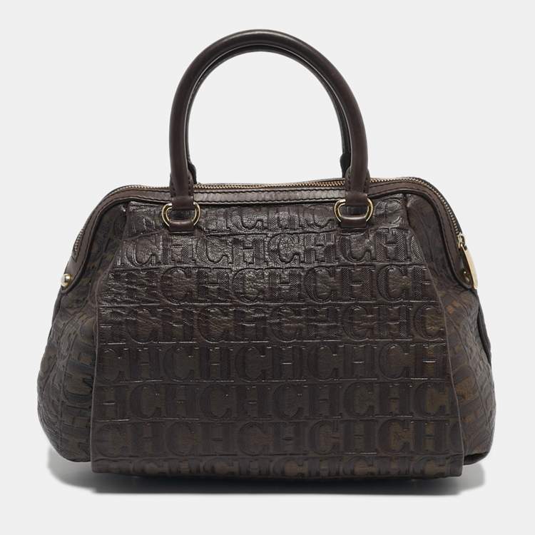 Pre Owned CH Carolina Herrera Dark Brown Monogram Embossed Leather Frame Satchel