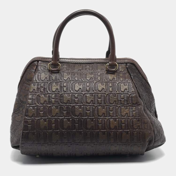 Pre Owned CH Carolina Herrera Dark Brown Monogram Embossed Leather Frame Satchel