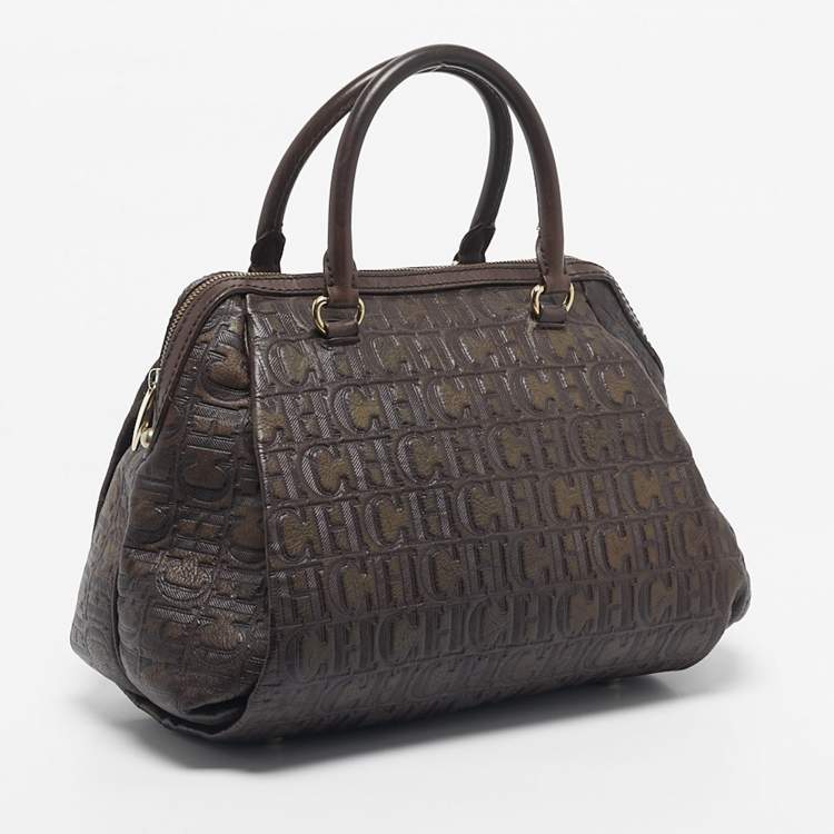 Pre Owned CH Carolina Herrera Dark Brown Monogram Embossed Leather Frame Satchel