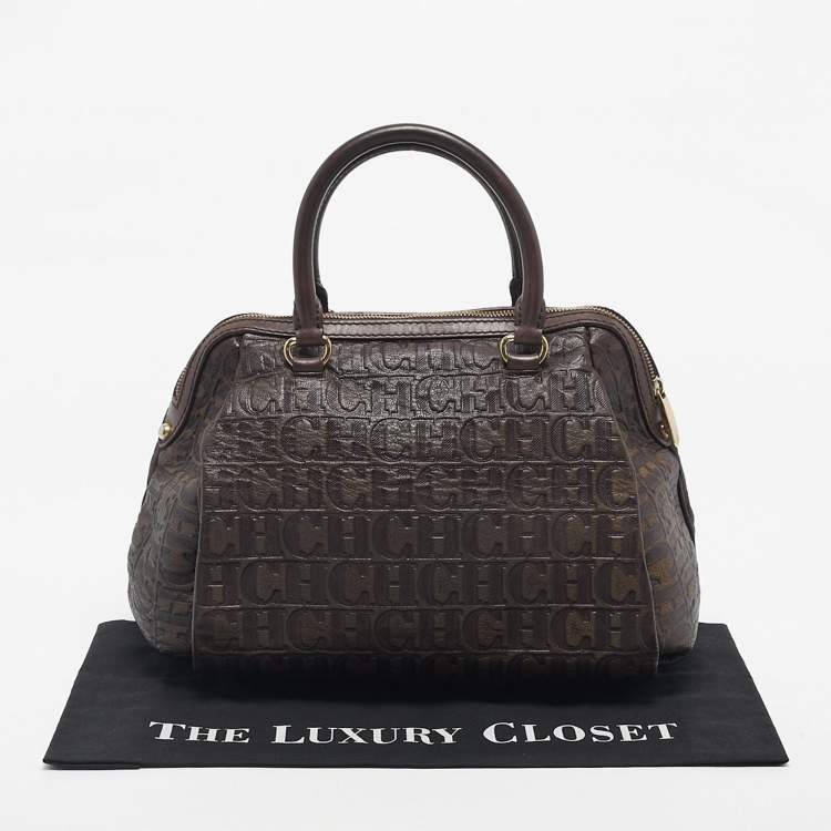 Pre Owned CH Carolina Herrera Dark Brown Monogram Embossed Leather Frame Satchel