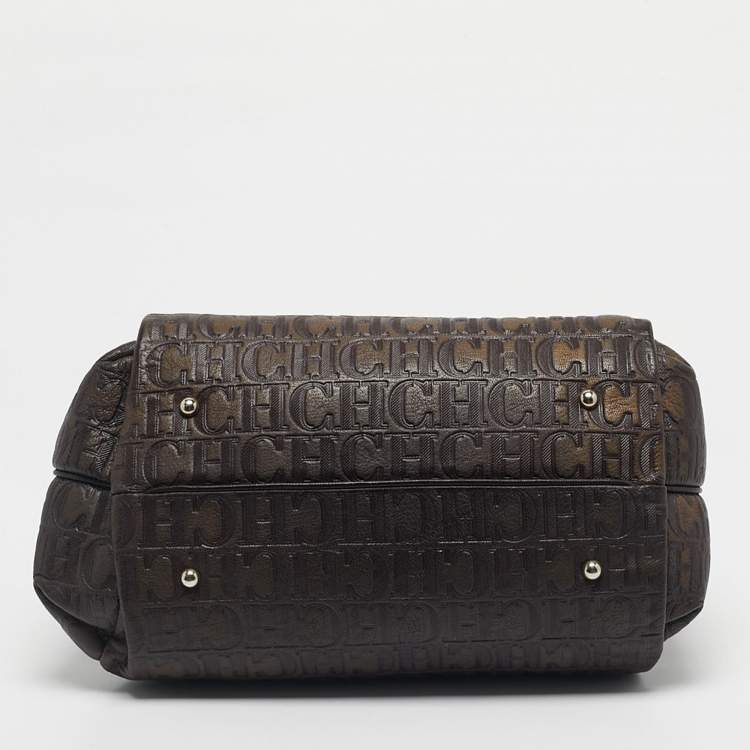 Pre Owned CH Carolina Herrera Dark Brown Monogram Embossed Leather Frame Satchel