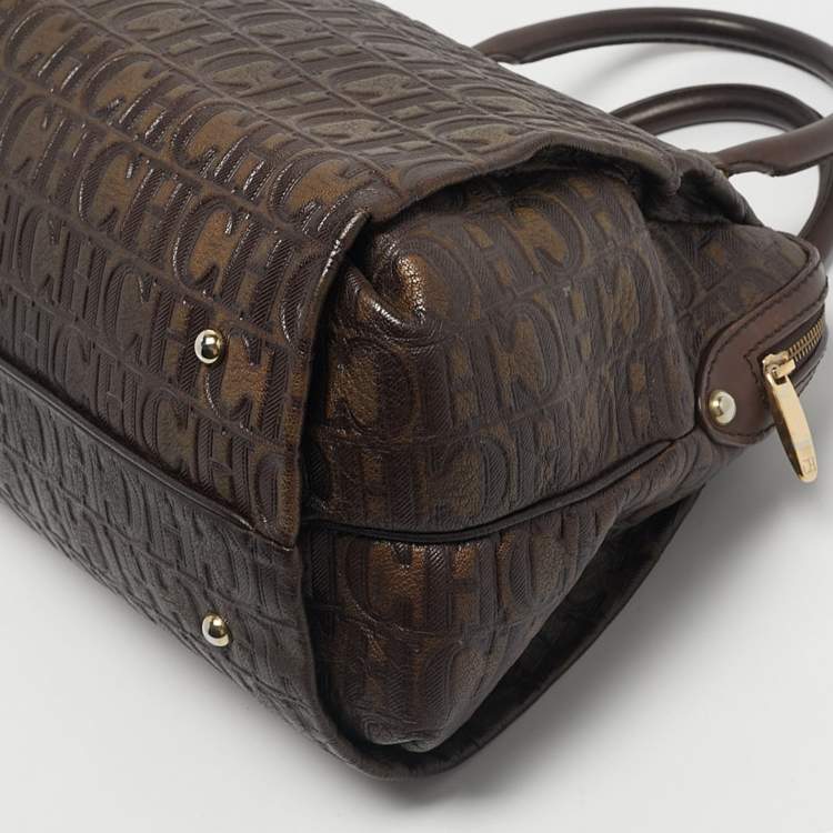 Pre Owned CH Carolina Herrera Dark Brown Monogram Embossed Leather Frame Satchel