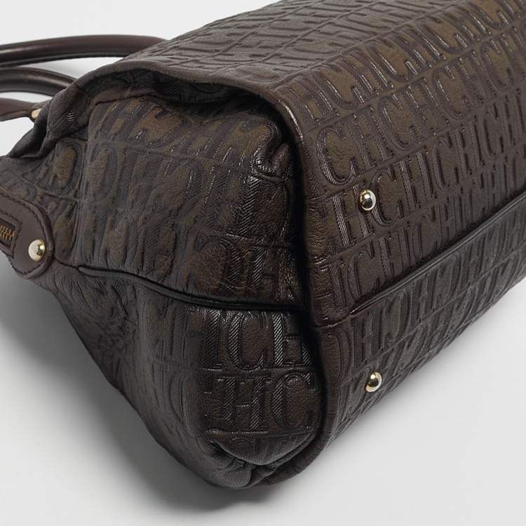 Pre Owned CH Carolina Herrera Dark Brown Monogram Embossed Leather Frame Satchel