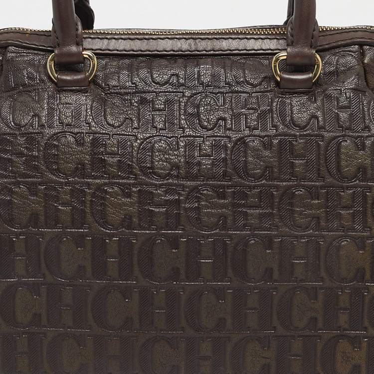 Pre Owned CH Carolina Herrera Dark Brown Monogram Embossed Leather Frame Satchel