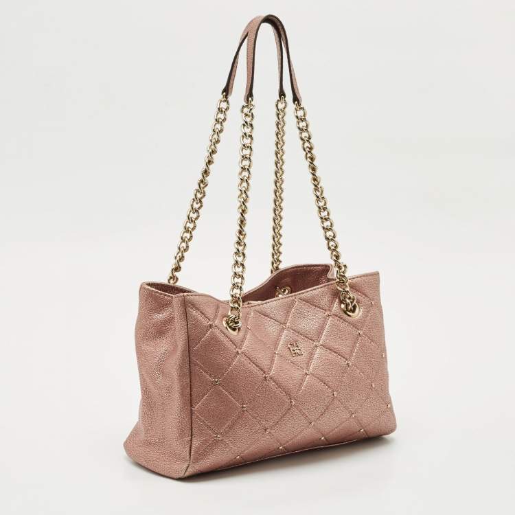 Pre Owned CH Carolina Herrera Metallic Pink Leather Crystal Chain Tote