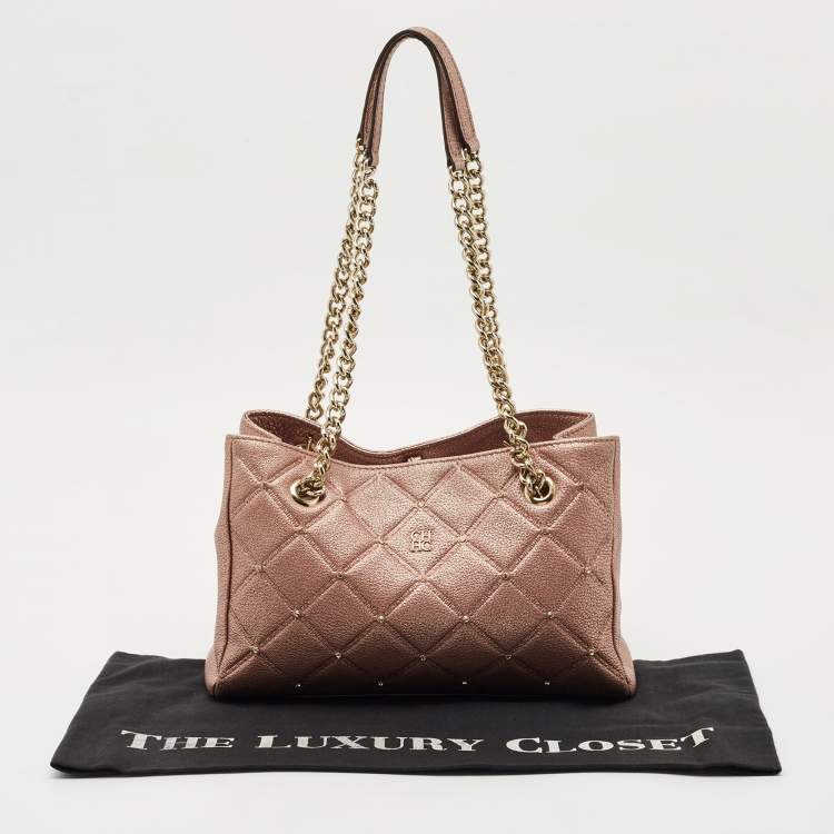 Pre Owned CH Carolina Herrera Metallic Pink Leather Crystal Chain Tote