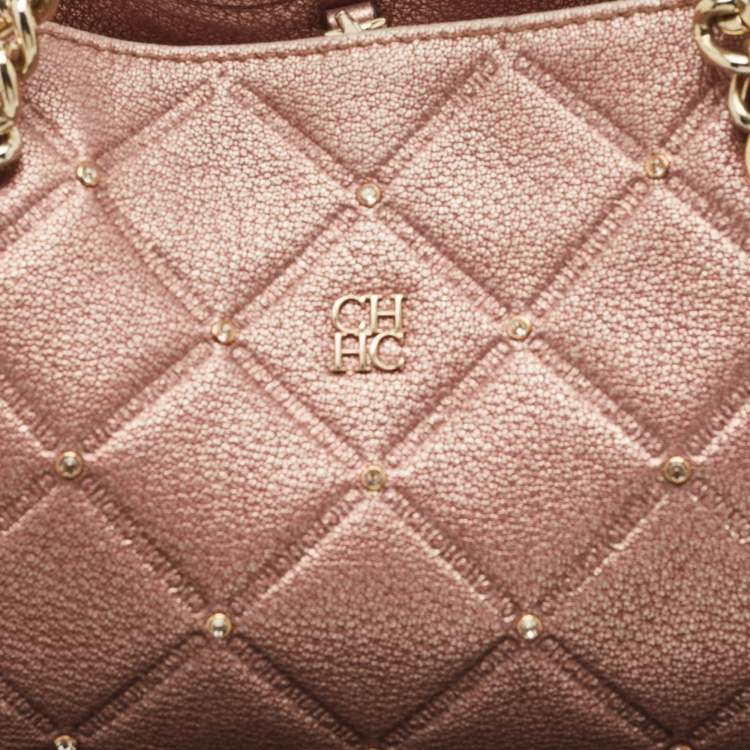 Pre Owned CH Carolina Herrera Metallic Pink Leather Crystal Chain Tote