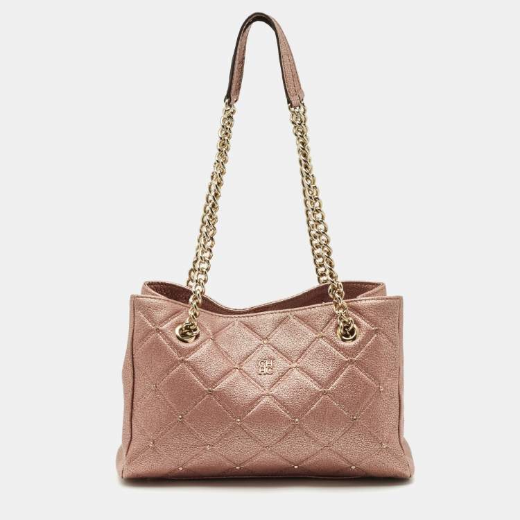 Pre Owned CH Carolina Herrera Metallic Pink Leather Crystal Chain Tote