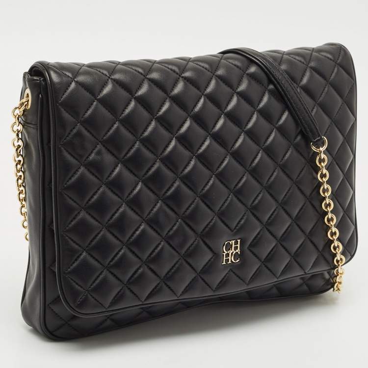 Pre Owned CH Carolina Herrera Black Quilted Leather Flap Chain Shoulder Bag