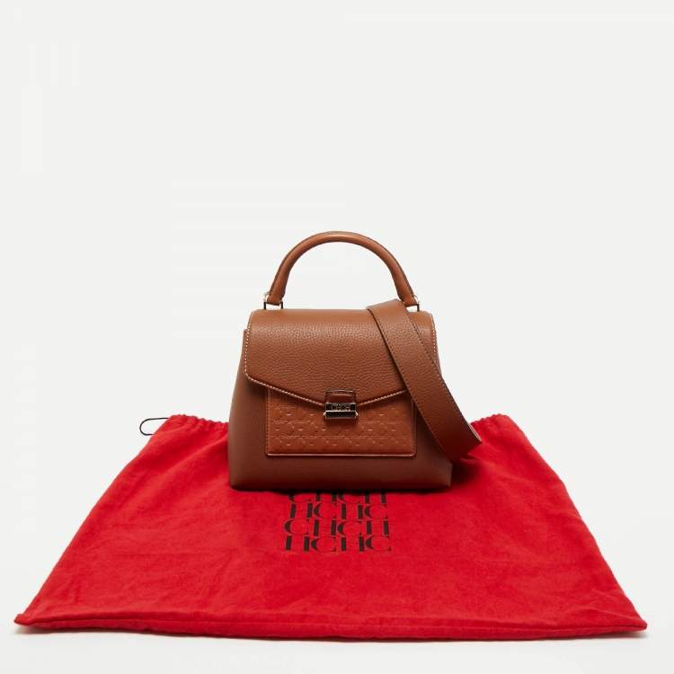 Pre Owned CH Carolina Herrera Brown Monogram Embossed Leather Small Top Handle Bag