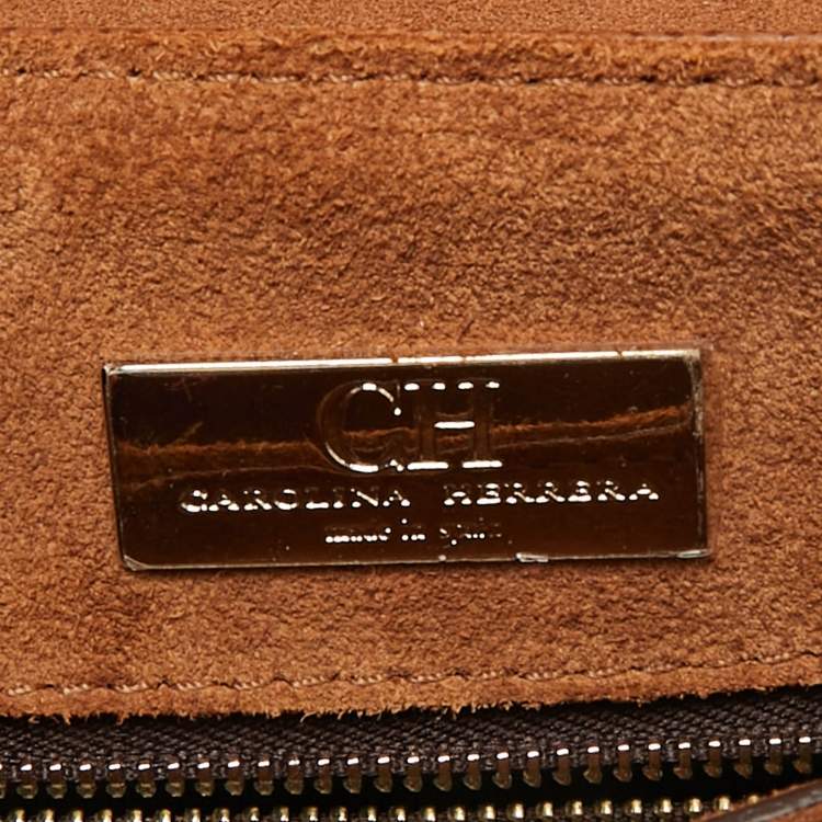Pre Owned CH Carolina Herrera Brown Monogram Embossed Leather Small Top Handle Bag