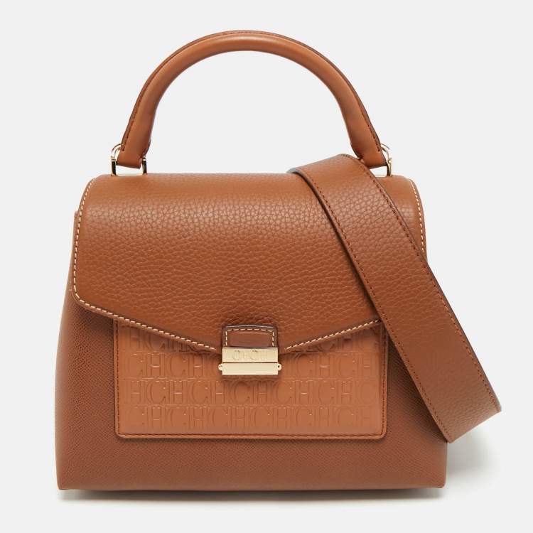 Pre Owned CH Carolina Herrera Brown Monogram Embossed Leather Small Top Handle Bag