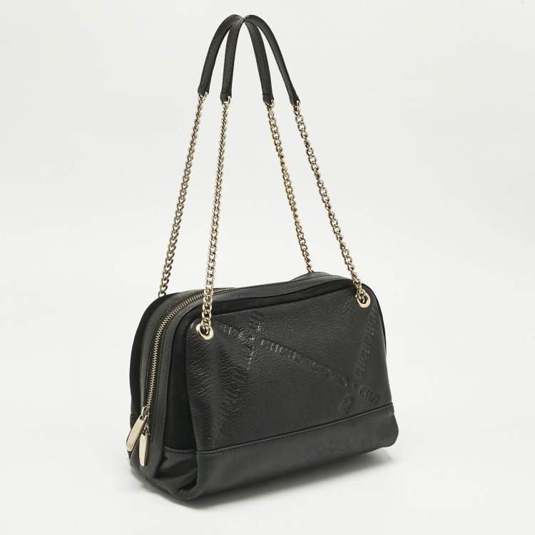 Pre Owned CH Carolina Herrera Black Leather and Suede Embossed Logo Shoulder Bag
