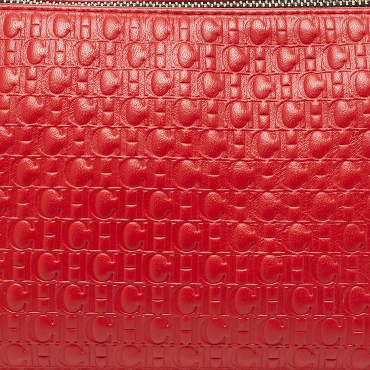 Pre Owned CH Carolina Herrera Red Monogram Embossed Leather Pochette Bag