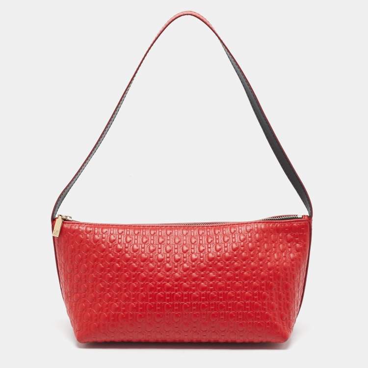Pre Owned CH Carolina Herrera Red Monogram Embossed Leather Pochette Bag