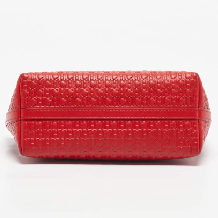 Pre Owned CH Carolina Herrera Red Monogram Embossed Leather Pochette Bag